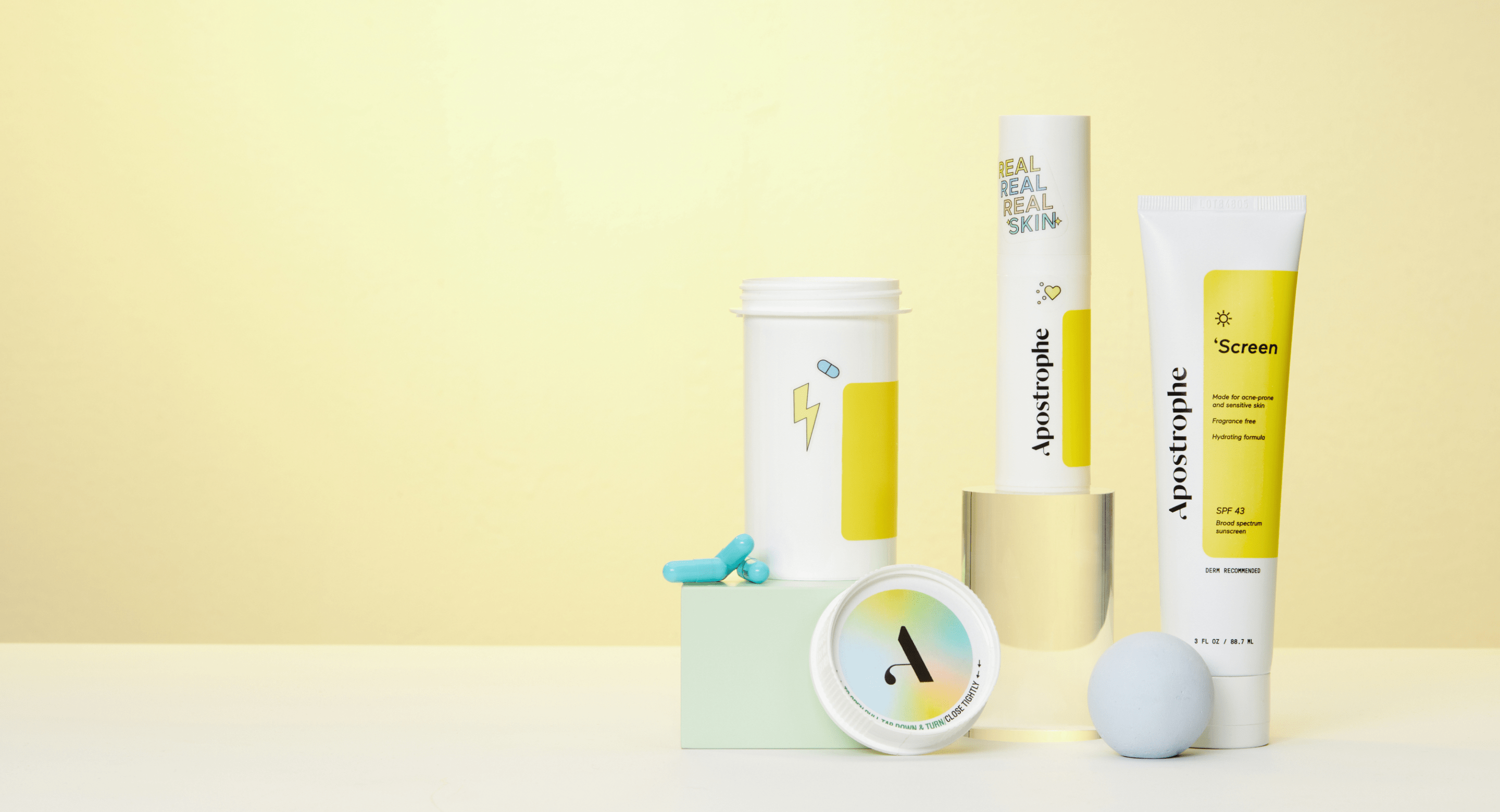 Image shows Apostrophe offerings, topical, oral, and sunscreen.