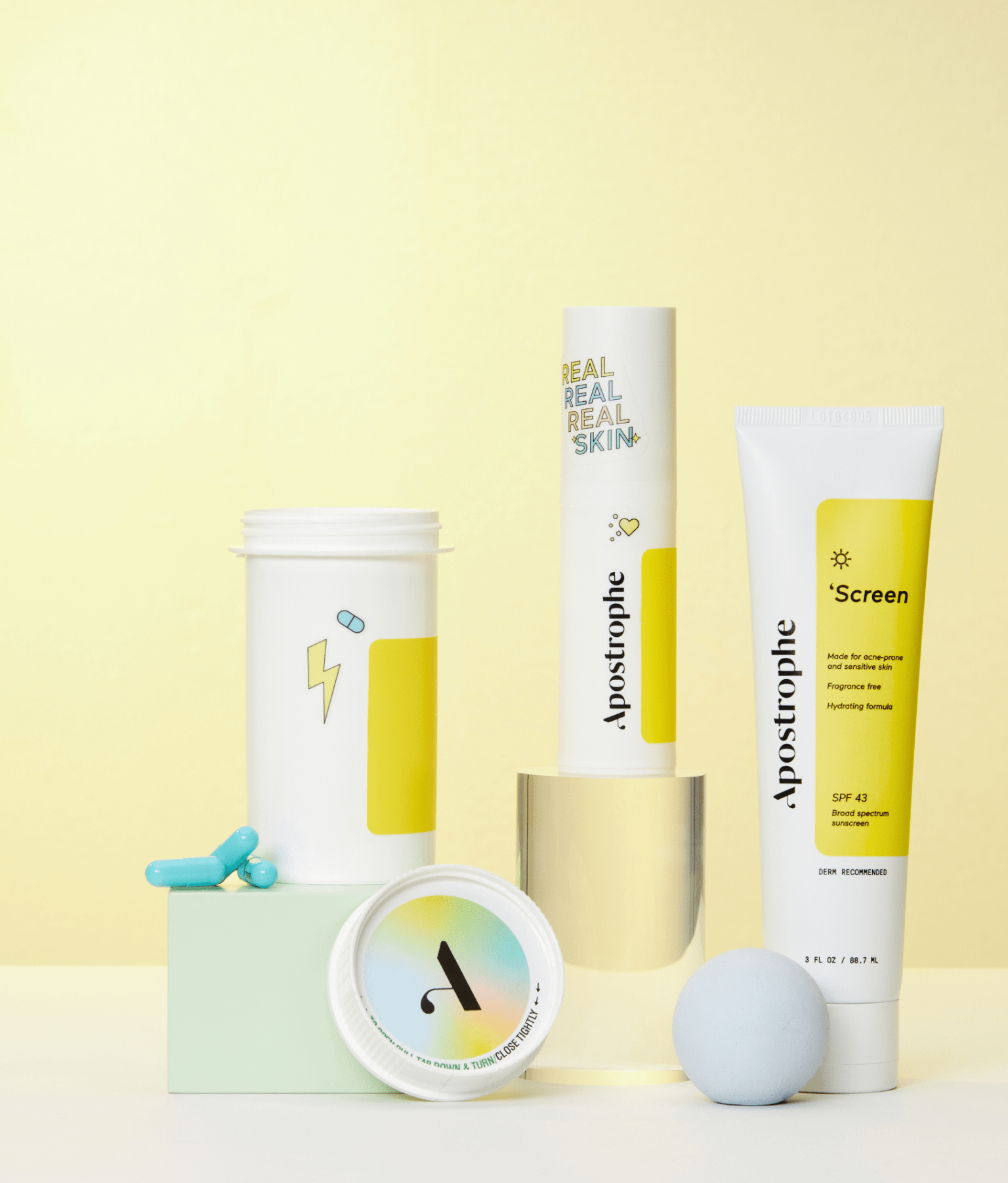 Image shows Apostrophe offerings, topical, oral, and sunscreen.