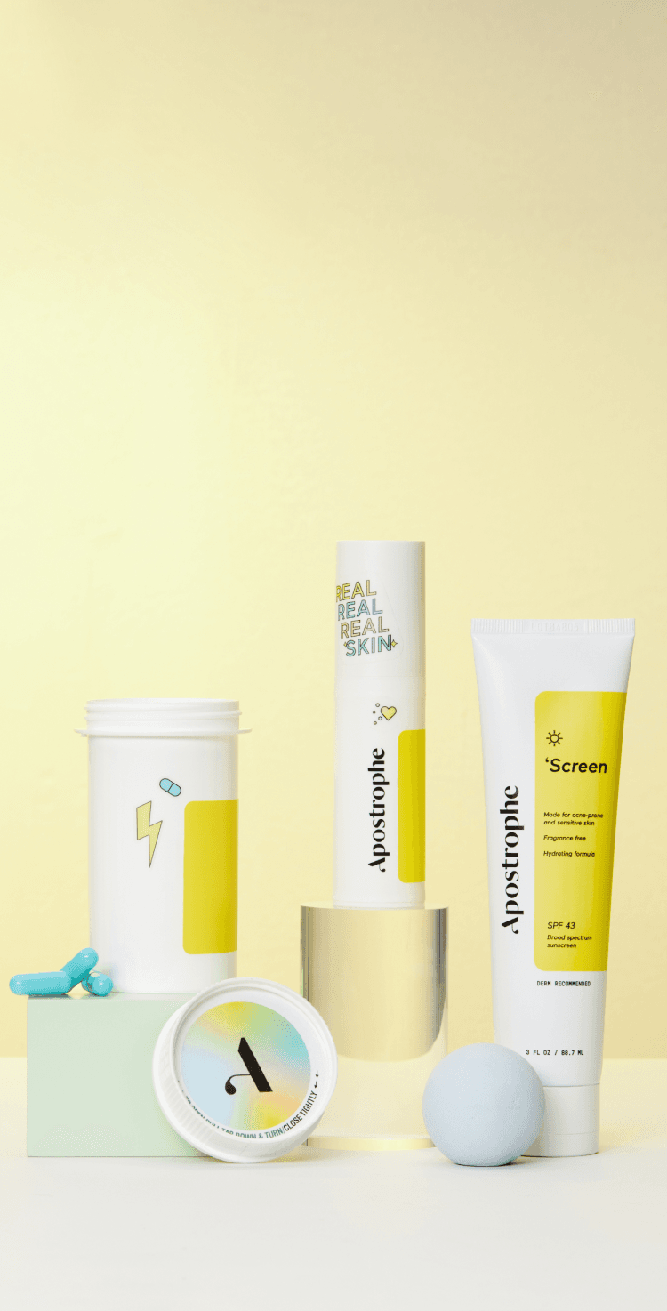 Image shows Apostrophe offerings, topical, oral, and sunscreen.
